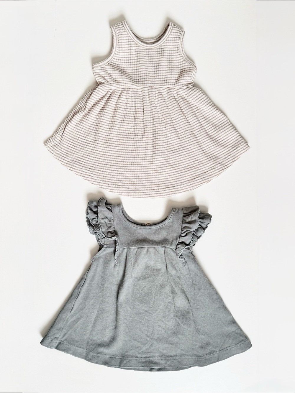 quincy mae • 3-6 months • sage flutter sleeve & ash striped ribbed tank dress